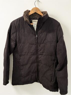 LL Bean Womens Goose Down Quilted Puffer Jacket Brown Sherpa Collar Medium OGDD1